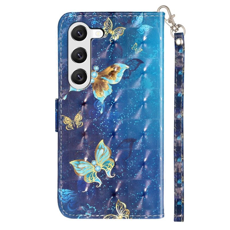 Housse Samsung Galaxy S24 5G Papillons Bleus et Dorés avec Lanière