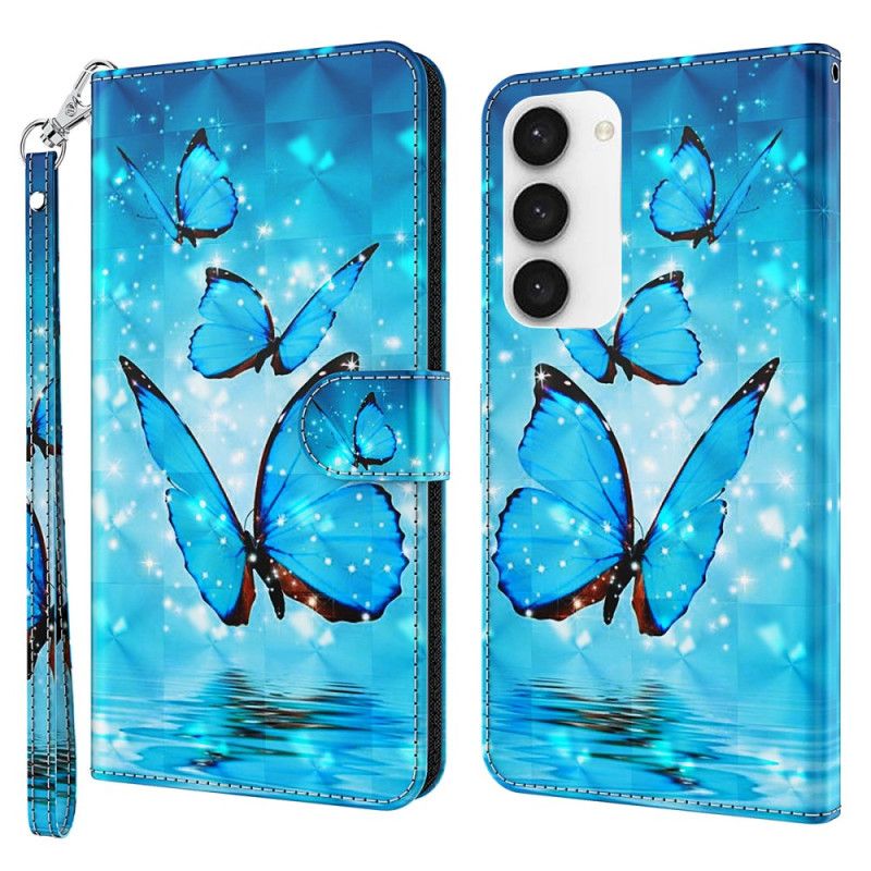 Housse Samsung Galaxy S24 5G Papillons Bleus à Lanière