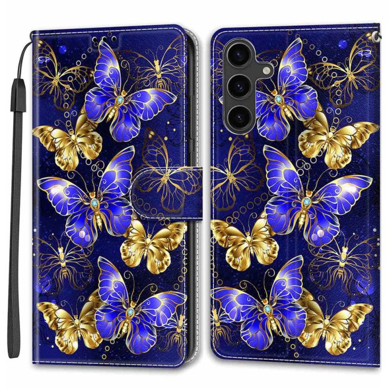 Housse Samsung Galaxy S24 5G Papillons Dorés et Bleus à Lanière