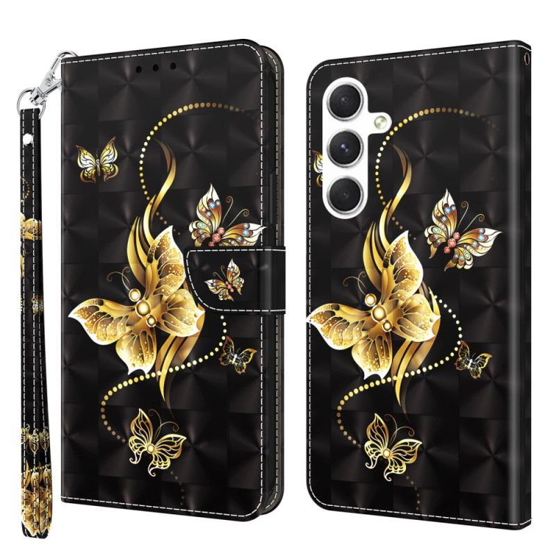 Housse Samsung Galaxy S24 5G Papillons Dorés à Lanière