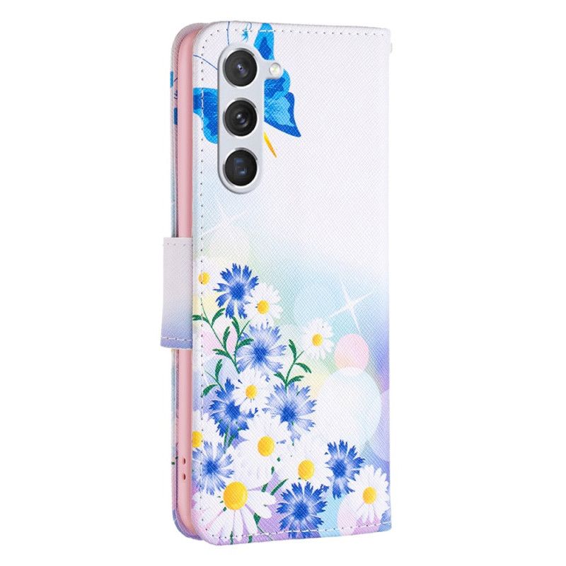 Housse Samsung Galaxy S24 5G Papillons et Fleurs Bleus