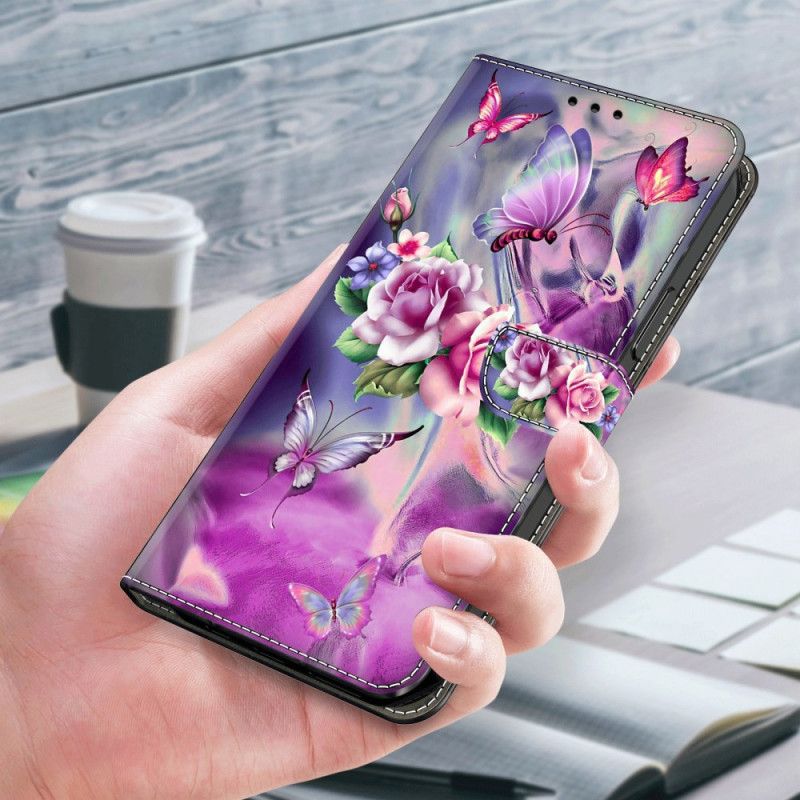 Housse Samsung Galaxy S24 5G Papillons et Fleurs Violettes