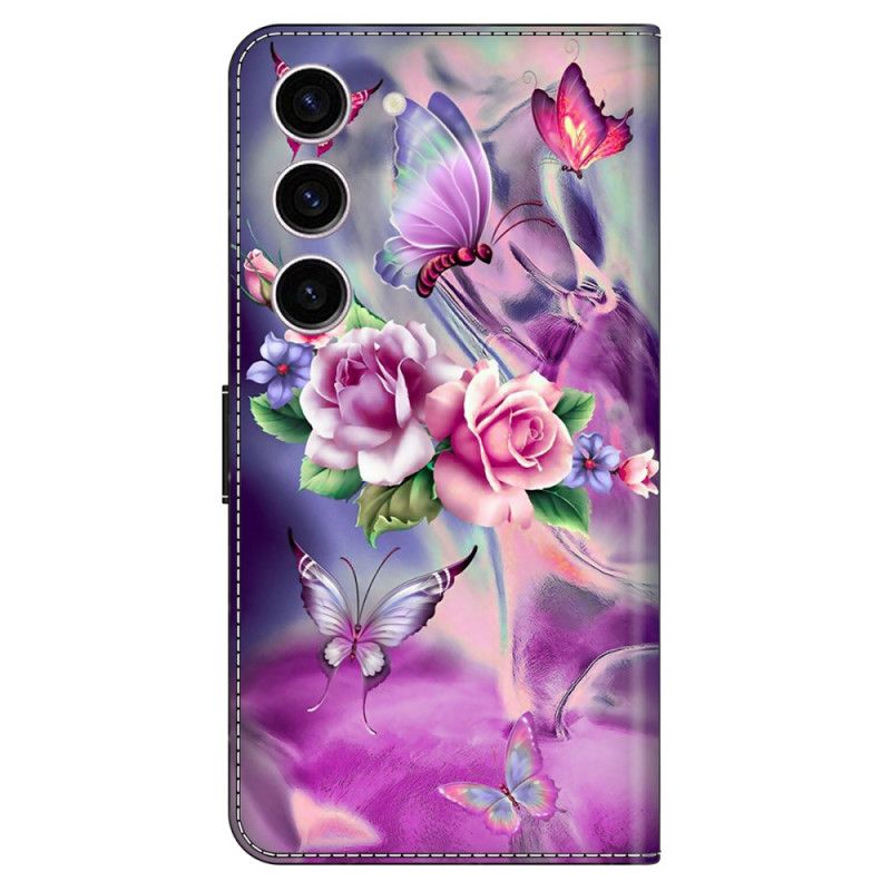 Housse Samsung Galaxy S24 5G Papillons et Fleurs Violettes