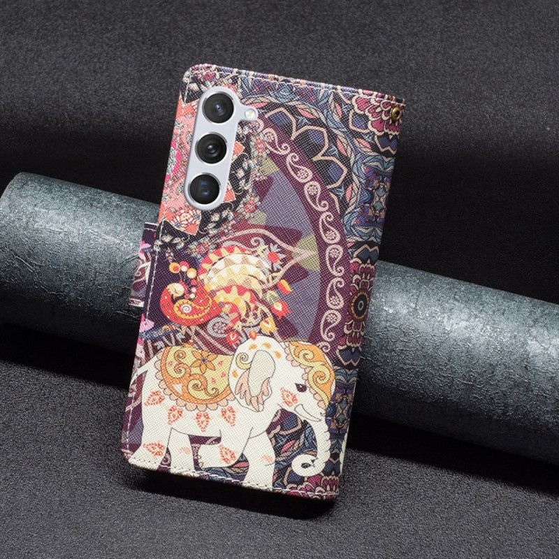 Housse Samsung Galaxy S24 5G Portefeuille Éléphant Tribal à Lanière