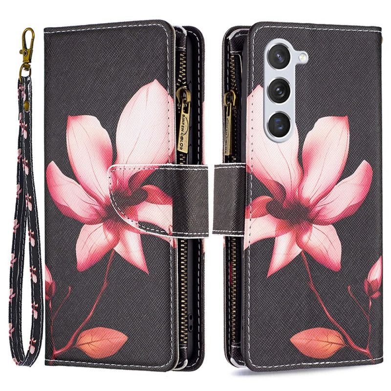 Housse pour Samsung Galaxy S24 5G Portefeuille Fleur Rose à Lanière