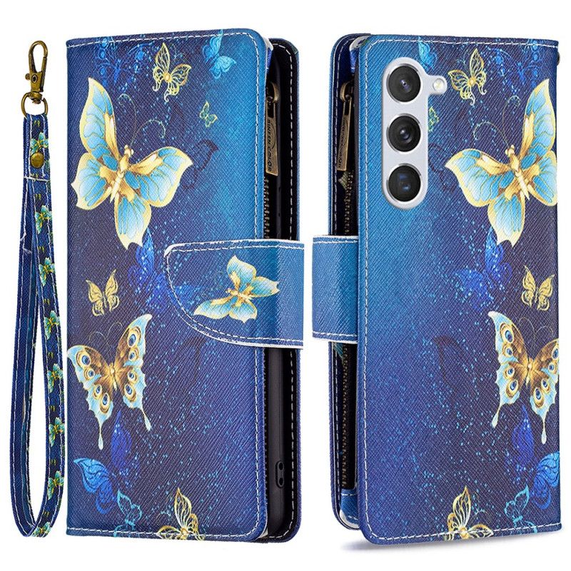 Housse pour Samsung Galaxy S24 5G Portefeuille Papillons Dorés à Lanière