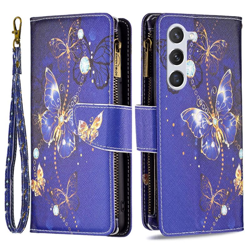 Housse Samsung Galaxy S24 5G Portefeuille Papillons Violets à Lanière