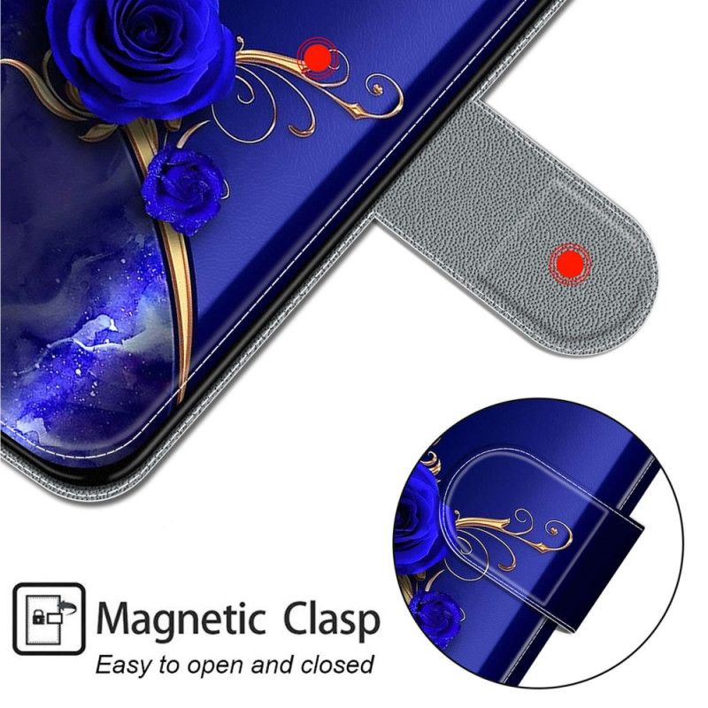 Housse Samsung Galaxy S24 5G Roses Bleues et Papillons Dorés à Lanière