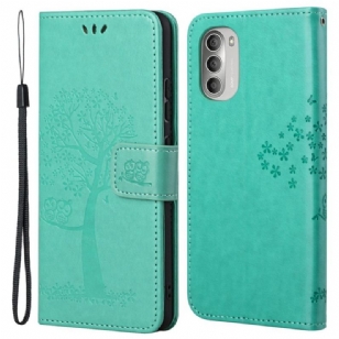 Housse Moto G51 5G Arbre et Hiboux à Lanière