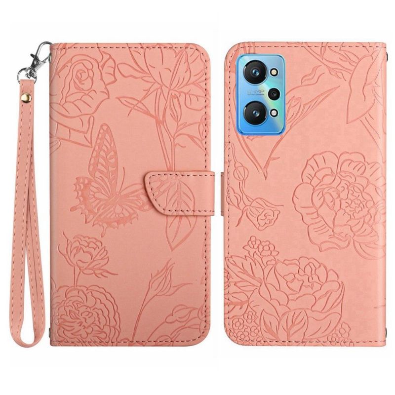 Housse Realme GT Neo 3T / Neo 2 Illustration Papillon et Fleurs à Lanière