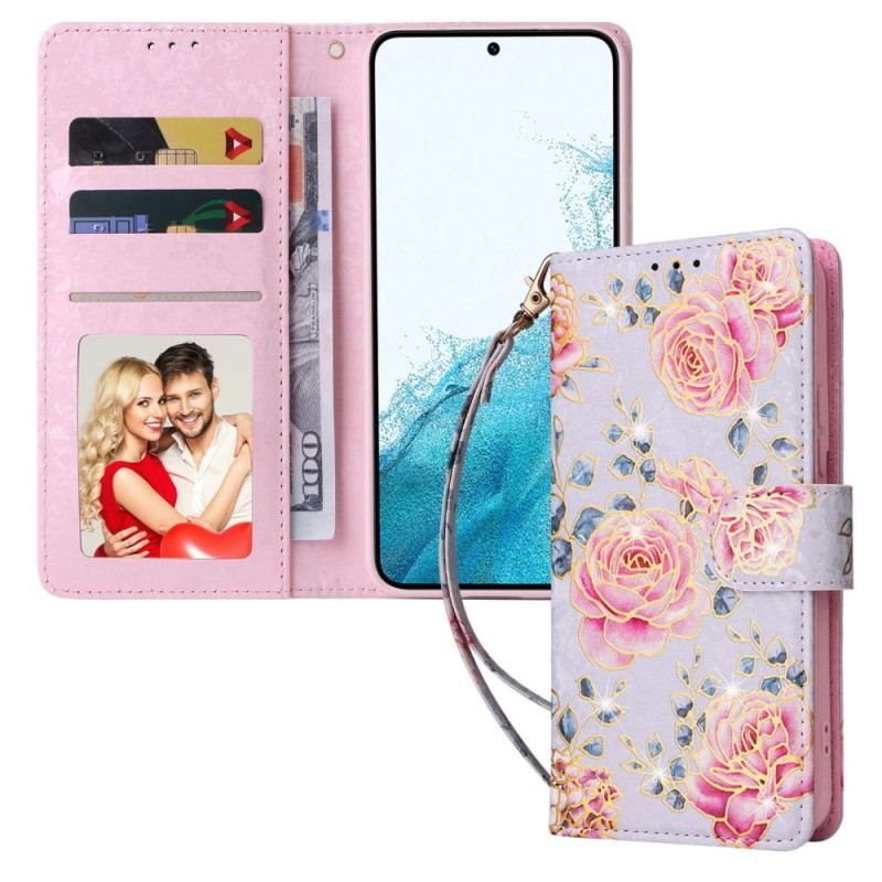 Housse Samsung Galaxy S23 5G Fleurs RFID avec Lanière