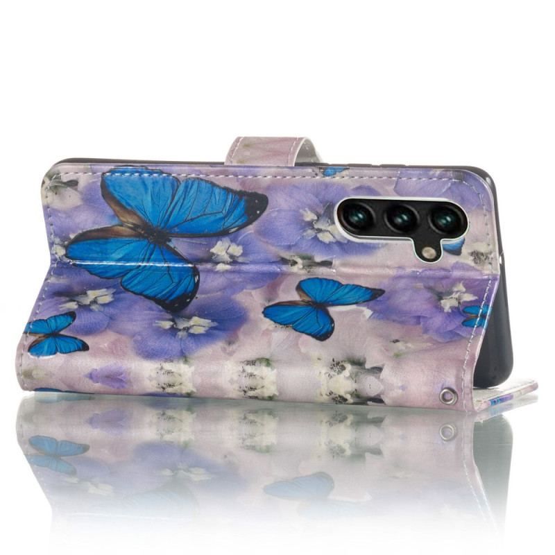 Housse Samsung Galaxy S23 5G Papillons Colorés à Lanière