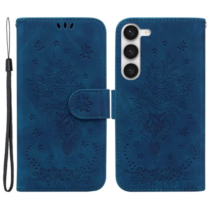 Housse Samsung Galaxy S23 5G Roses et Papillons à Lanière