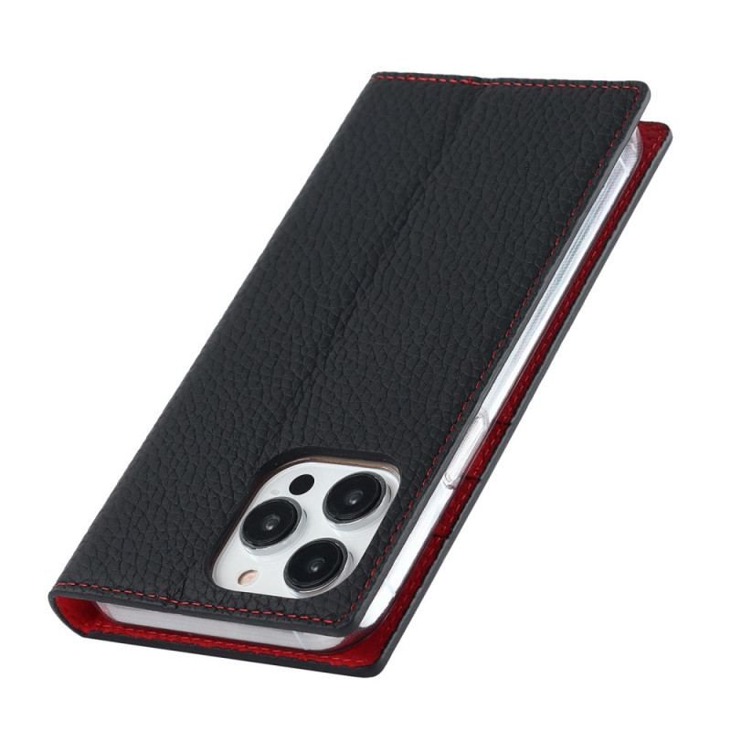 Flip Cover iPhone 14 Pro Max Cuir Litchi Véritable à Lanière