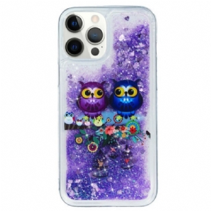 Coque iPhone 15 Pro Paillettes Couple de Hiboux