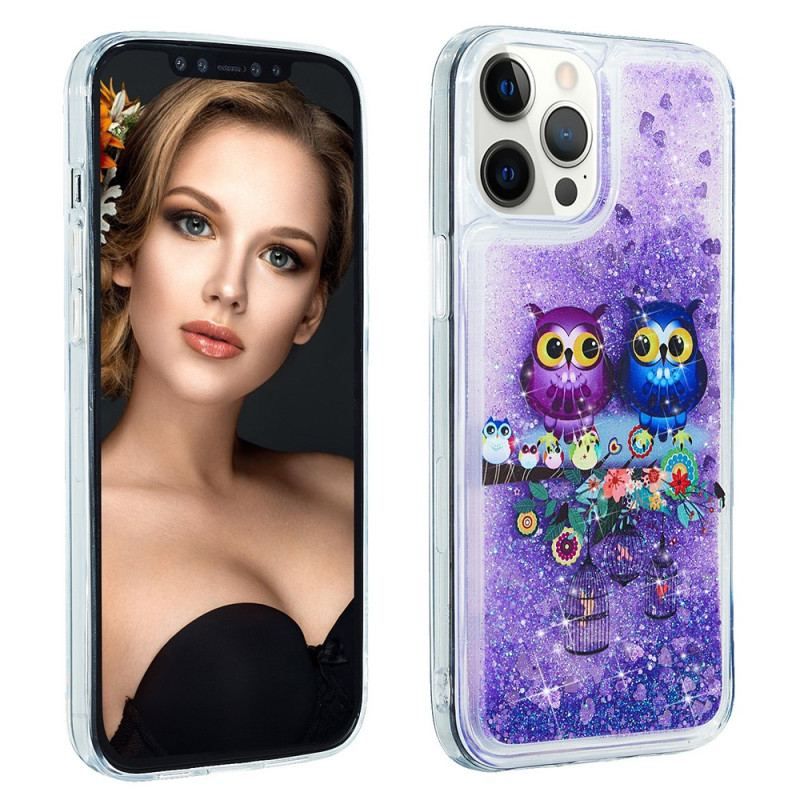 Coque iPhone 15 Pro Paillettes Couple de Hiboux