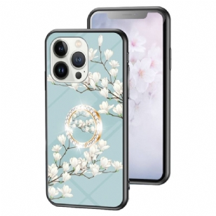 Coque iPhone 15 Pro Verre Trempé Floral avec Anneau-Support