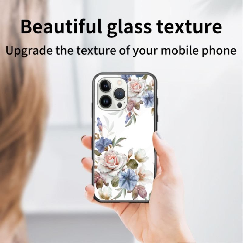 Coque iPhone 15 Pro Verre Trempé Floral avec Anneau-Support