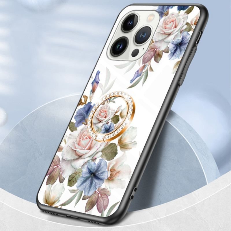 Coque iPhone 15 Pro Verre Trempé Floral avec Anneau-Support