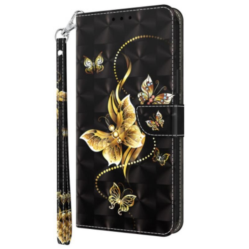 Housse iPhone 15 Pro Papillons Dorés à Lanière