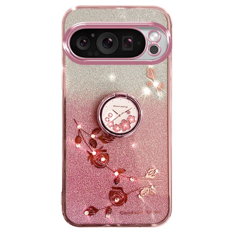 Coque Google Pixel 9 Pro Anneau-Support Fleurs et Strass KADEM