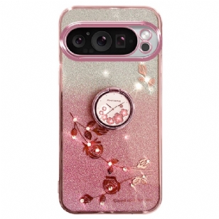 Coque Google Pixel 9 Pro Anneau-Support Fleurs et Strass KADEM