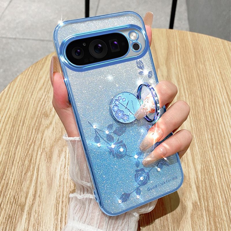 Coque Google Pixel 9 Pro Anneau-Support Fleurs et Strass KADEM