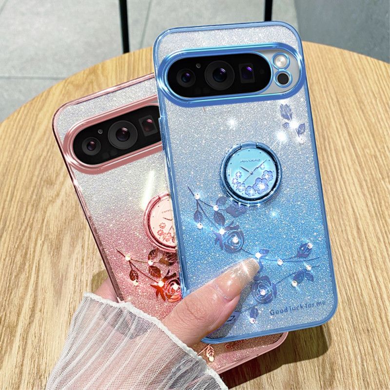 Coque Google Pixel 9 Pro Anneau-Support Fleurs et Strass KADEM