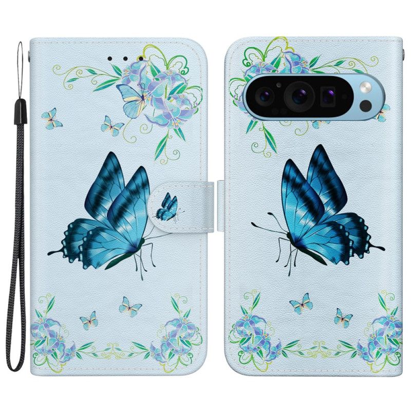 Housse Google Pixel 9 / Pixel 9 Pro Papillon Bleu et Fleurs