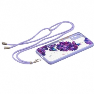 Coque Samsung Galaxy S20 FE à cordon fleurs et papillons violets