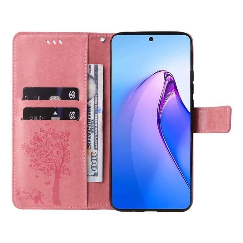 Housse Oppo Reno 8 Pro Arbre et Chat à Lanière