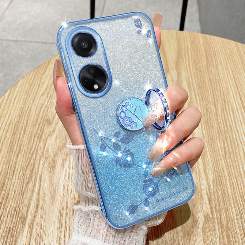 Coque Oppo A98 5G Anneau-Support Fleurs et Strass