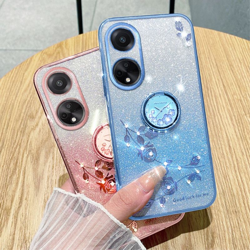 Coque Oppo A98 5G Anneau-Support Fleurs et Strass