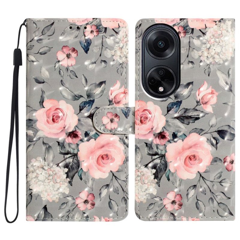 Housse Oppo A98 5G Fleurs Roses à Lanière