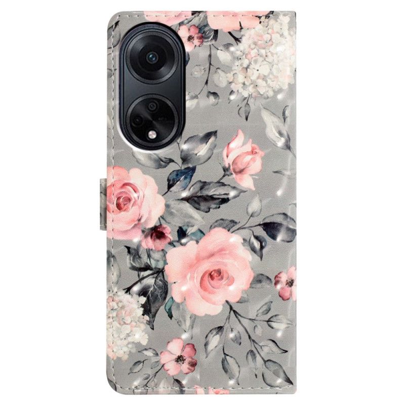 Housse Oppo A98 5G Fleurs Roses à Lanière