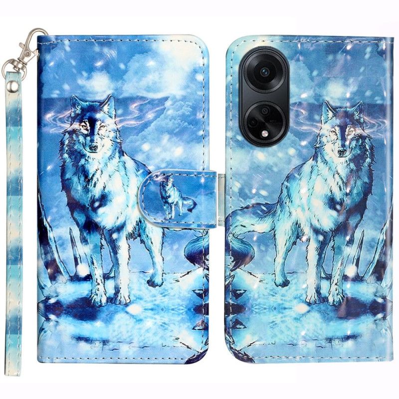 Housse Oppo A98 5G Loup des Neiges 3D à Lanière