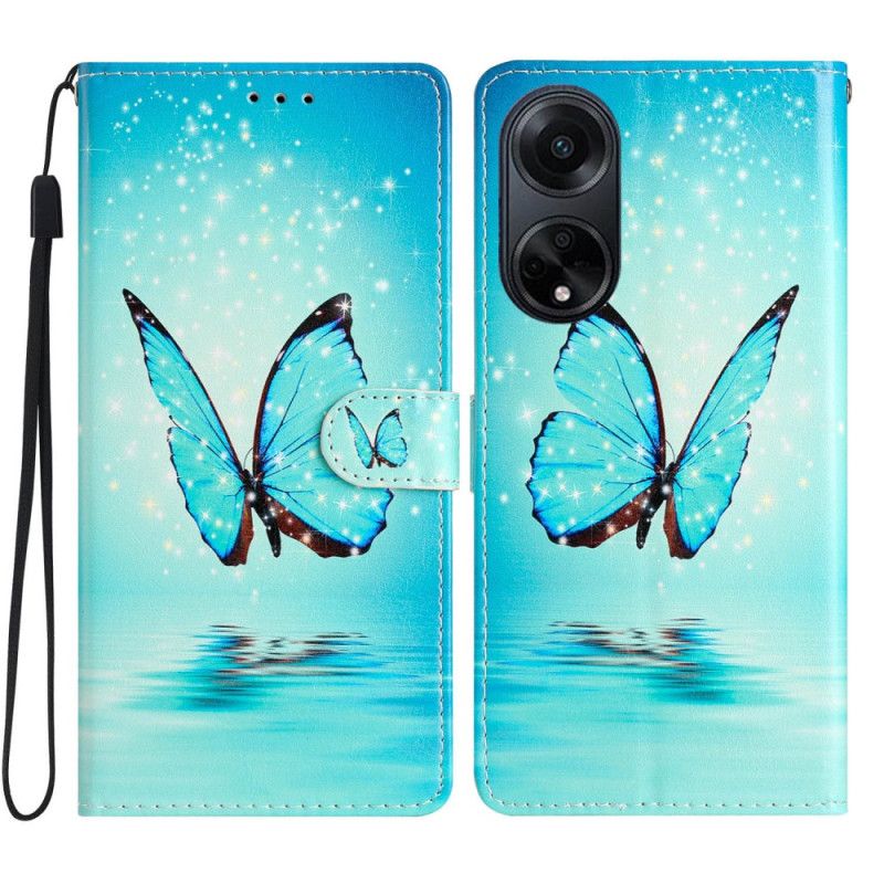 Housse Oppo A98 5G Papillon Bleu à Lanière