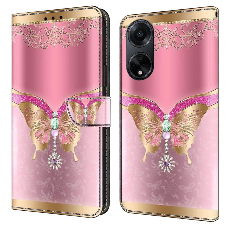 Housse Oppo A98 5G Papillon Rose et Or