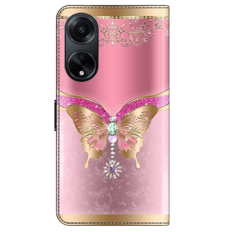 Housse Oppo A98 5G Papillon Rose et Or