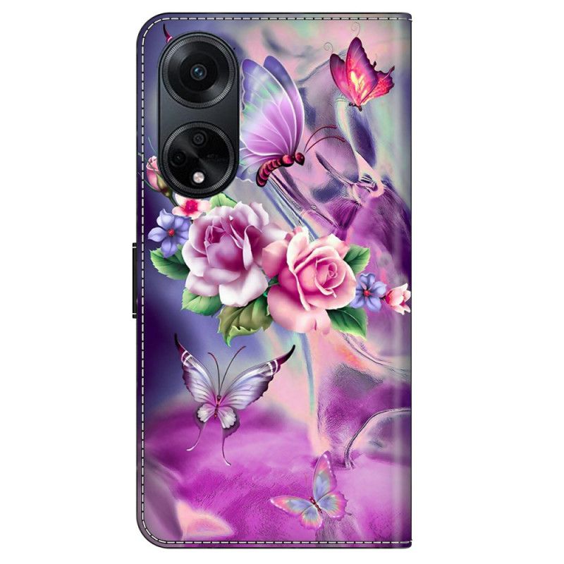 Housse Oppo A98 5G Papillons et Fleurs Violettes