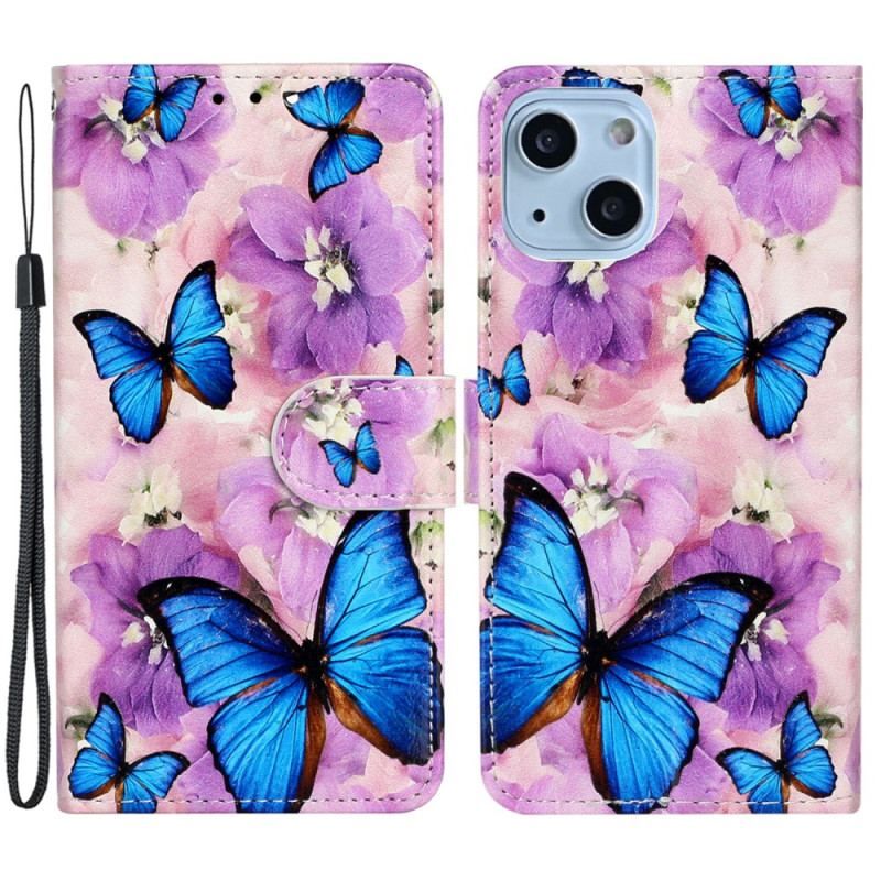 Housse iPhone 15 Petits Papillons Bleus à Lanière