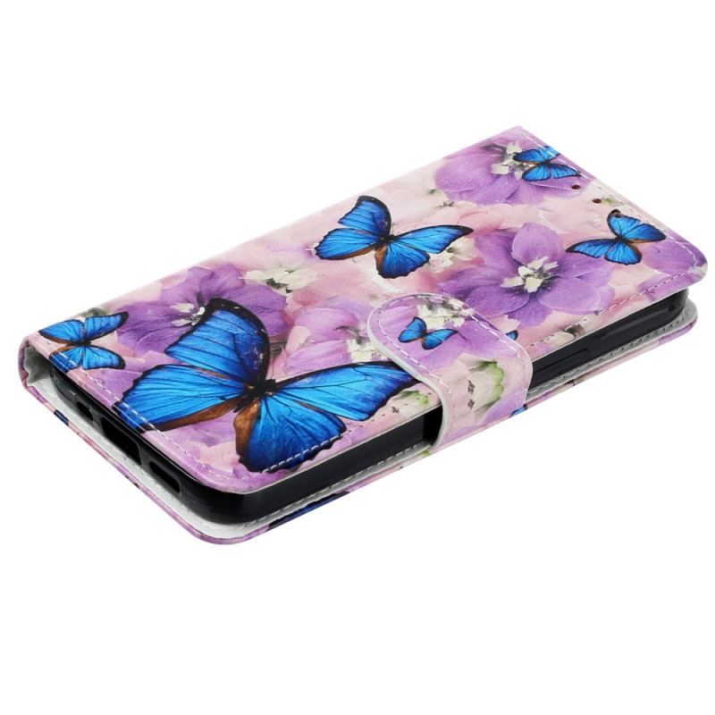 Housse iPhone 15 Petits Papillons Bleus à Lanière