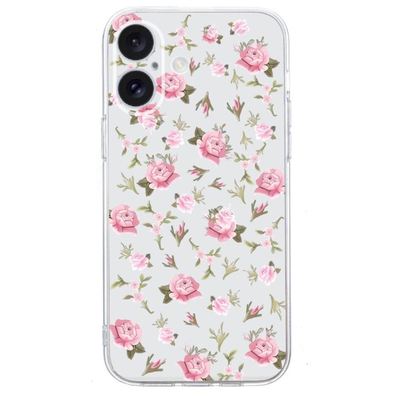 Coque iPhone 16 Bord Transparent Fleurs Roses