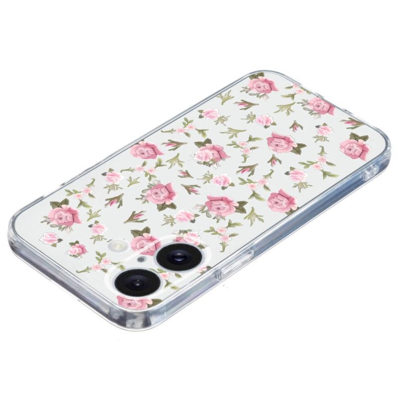 Coque iPhone 16 Bord Transparent Fleurs Roses