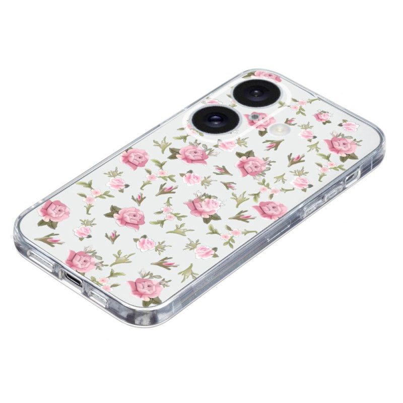 Coque iPhone 16 Bord Transparent Fleurs Roses