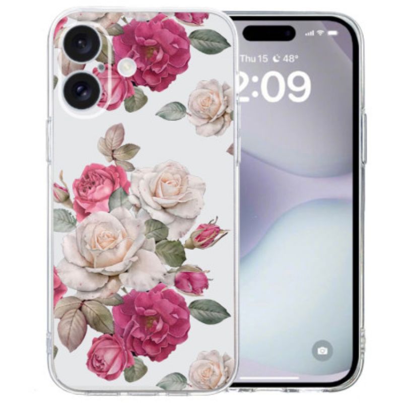 Coque iPhone 16 Bord Transparent Pivoines