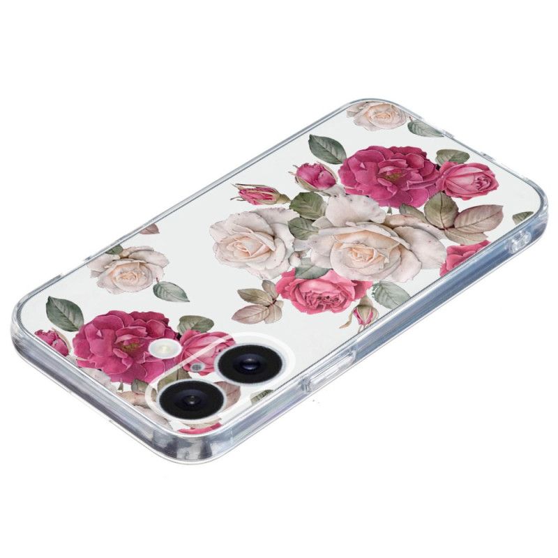 Coque iPhone 16 Bord Transparent Pivoines