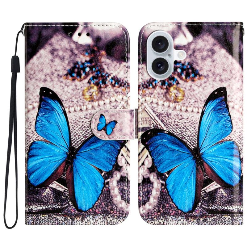 Housse iPhone 16 Papillon Bleu à Lanière