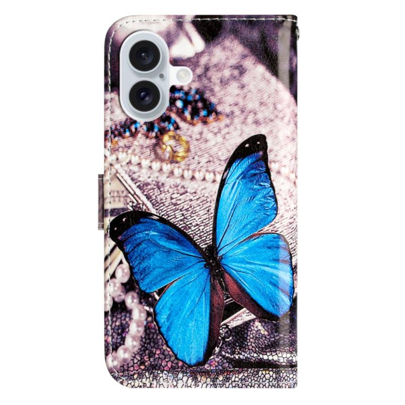 Housse iPhone 16 Papillon Bleu à Lanière