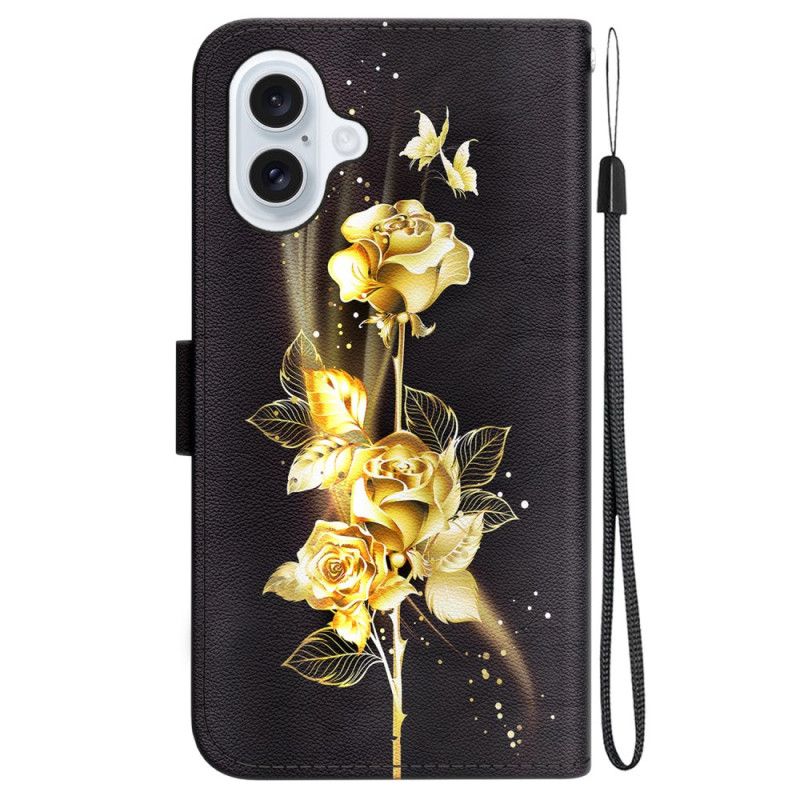 Housse iPhone 16 Papillon Doré et Roses à Lanière